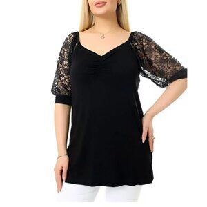Sweet Violet Black Sheer Lace Puff Short Sleeve Top Size Medium